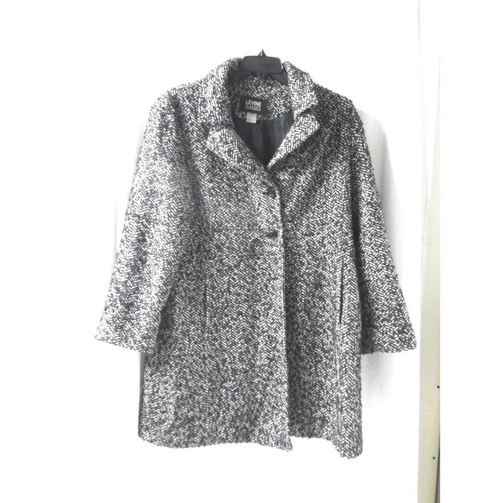 Levine Classics Womens Black White Herringbone‎ Wool Blend Pea Coat Jacket Large